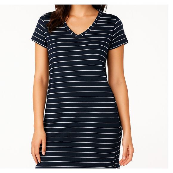 Merona V Neck Large Black White Striped Dress Shift Cotton Poly Blend - Picture 2 of 10